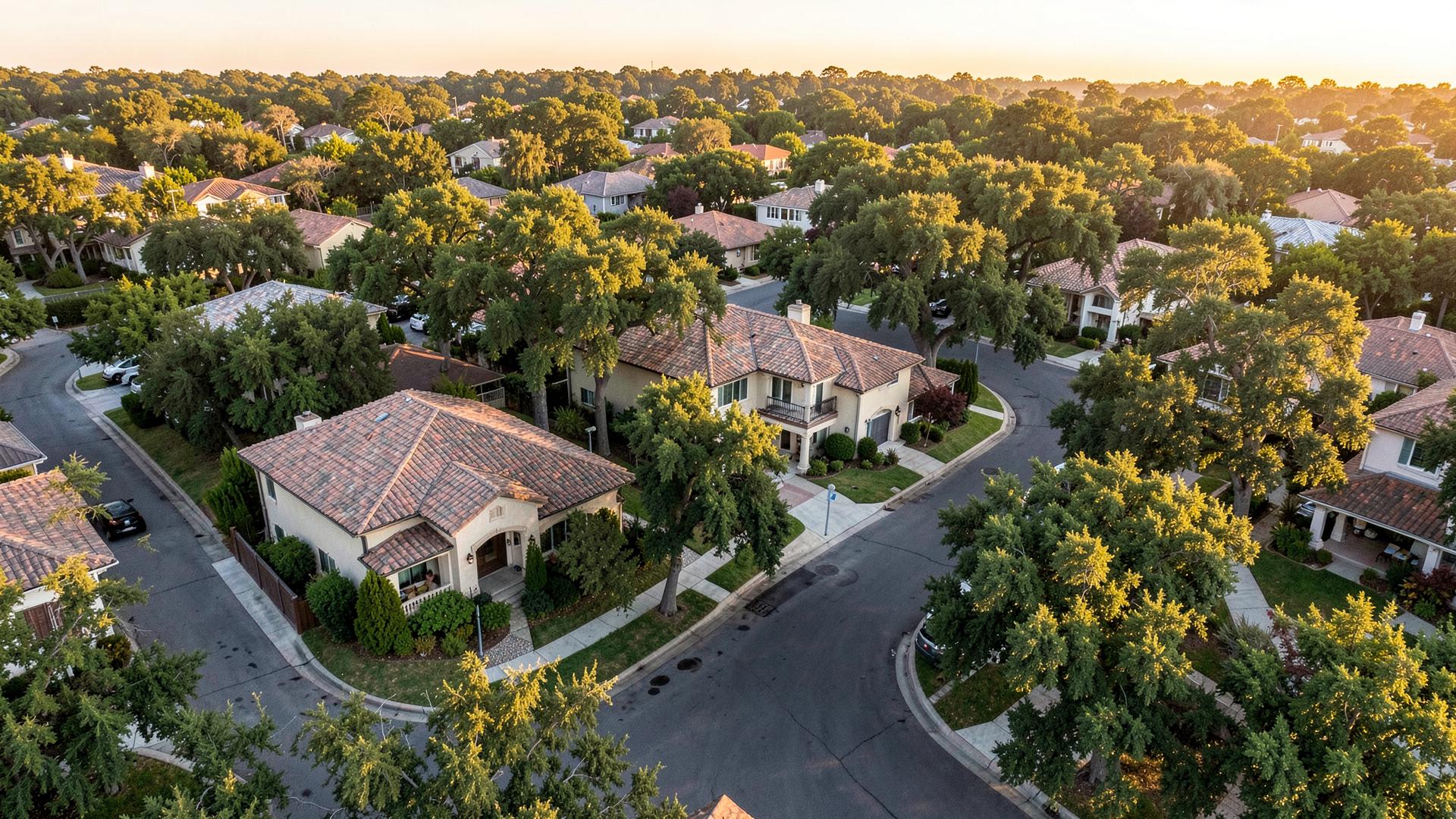 Aerial view of an Austin, Texas neighborhood with tile roof homes